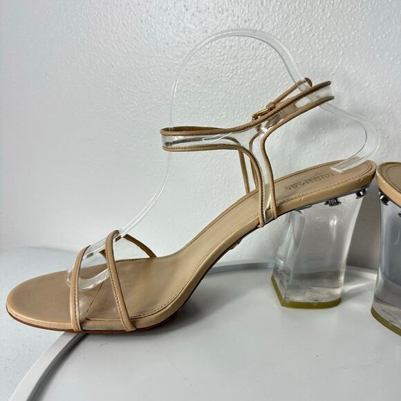 Michael Kors Heels Tori Lucite Clear Plastic Open Toe Buckle Ankle Strap Tan 11 - Picture 9 of 12